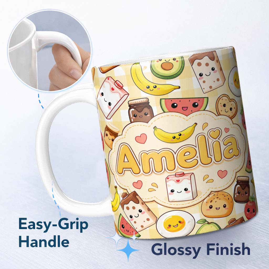 Personalized Custom Name Kawaii Breakfast Food Characters on Yellow Check Seamless Pattern 11oz Ceramic Coffee Tea Mug White Large Handle