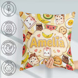 Custom Name Kawaii Breakfast Characters on Yellow Check Seamless Square Filled Cushion Throw Pillow Sofa Bed Home Decor Zip Washable UK Made
