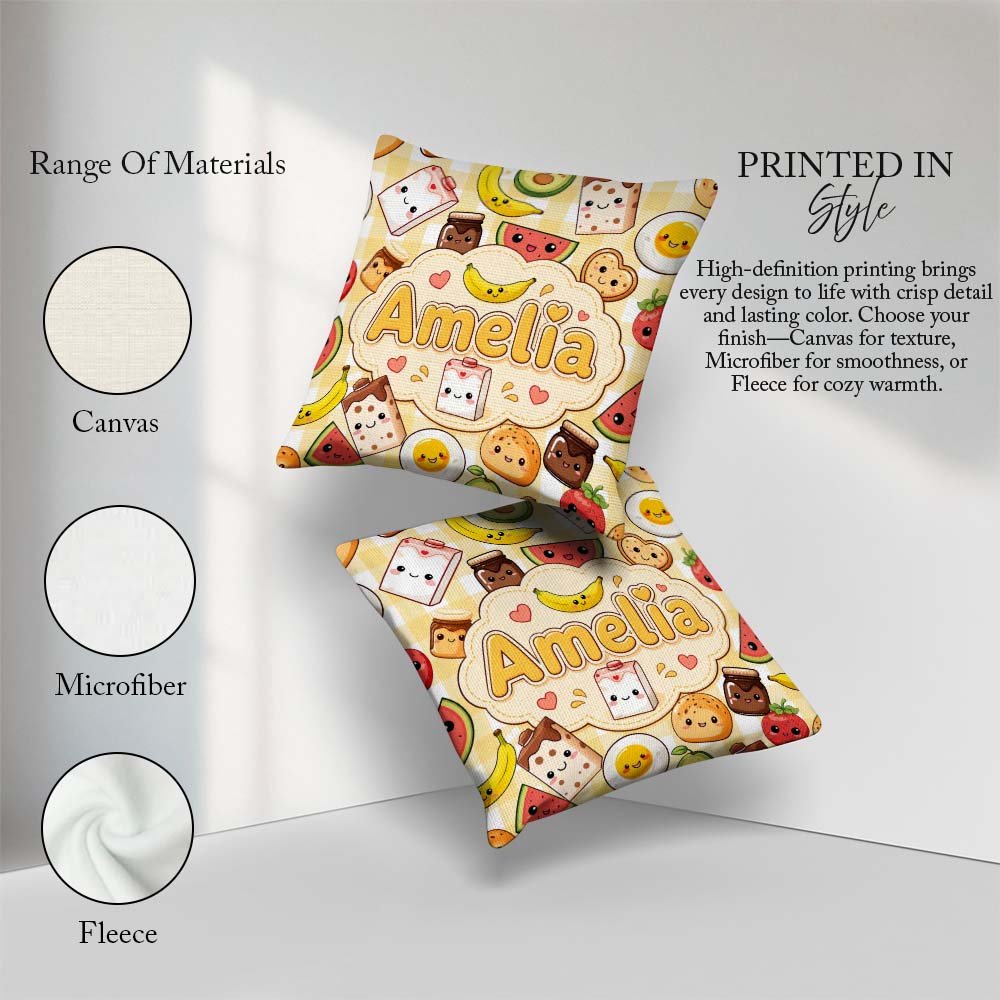 Custom Name Kawaii Breakfast Characters on Yellow Check Seamless Square Filled Cushion Throw Pillow Sofa Bed Home Decor Zip Washable UK Made