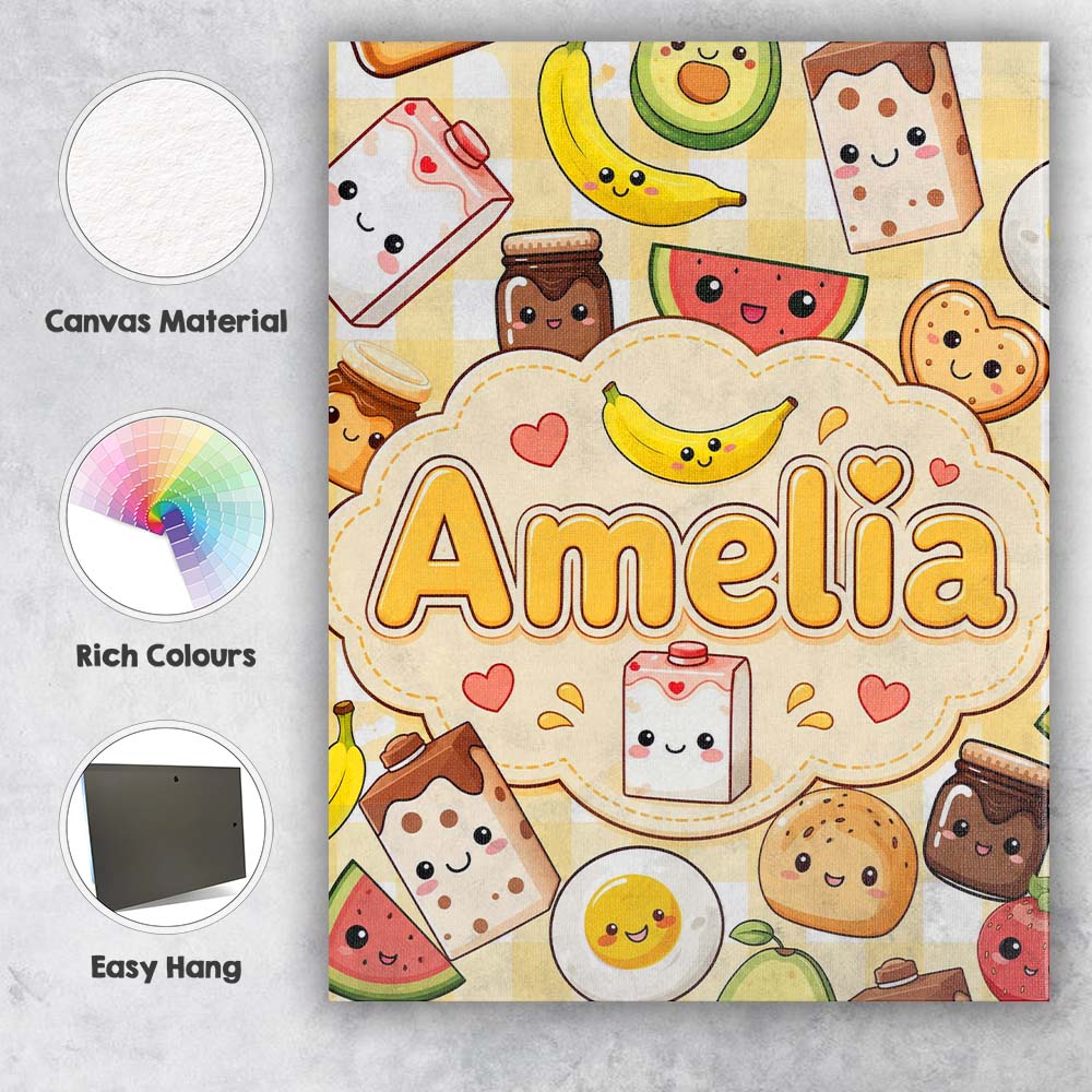Personalised Name Kawaii Breakfast Food Custom  Modern Room Accent Elegant Feature Canvas Wall Art Print Decor Picture Ready to Hang