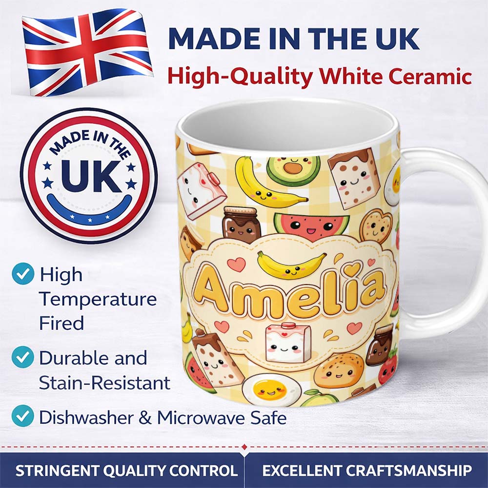 Personalized Custom Name Kawaii Breakfast Food Characters on Yellow Check Seamless Pattern 11oz Ceramic Coffee Tea Mug White Large Handle