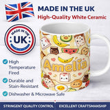 Personalized Custom Name Kawaii Breakfast Food Characters on Yellow Check Seamless Pattern 11oz Ceramic Coffee Tea Mug White Large Handle