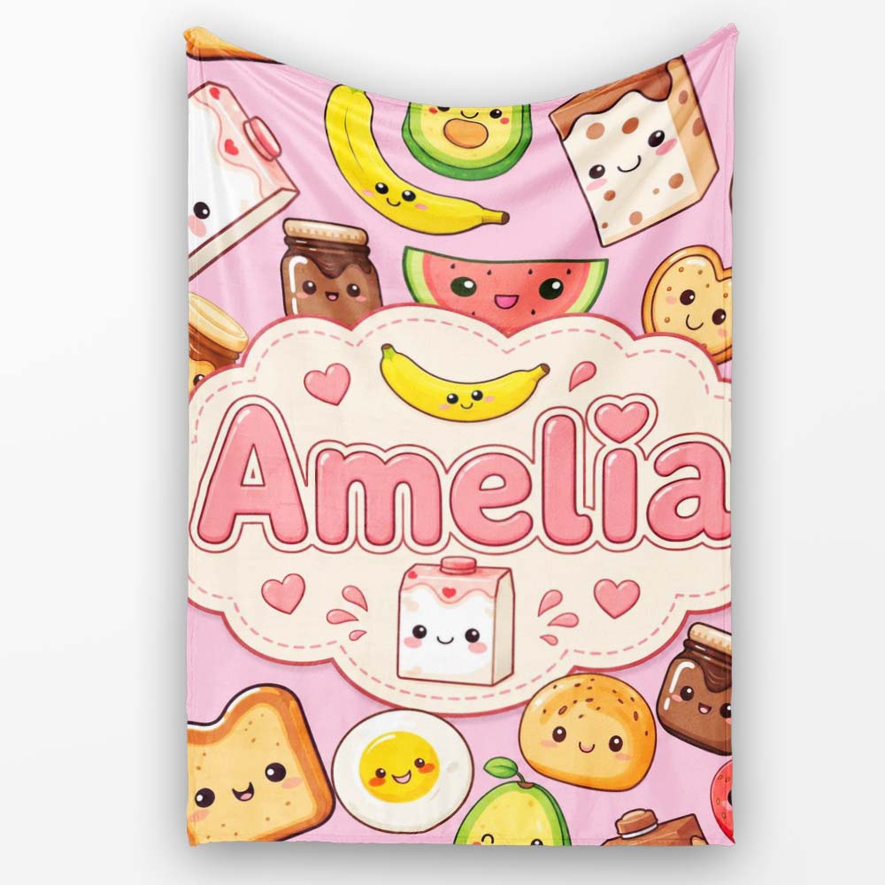 Cute Kawaii Breakfast Food Characters on Soft Pink Background  Personalised Custom Name Super Soft Fleece Blanket Bed Sofa Throw