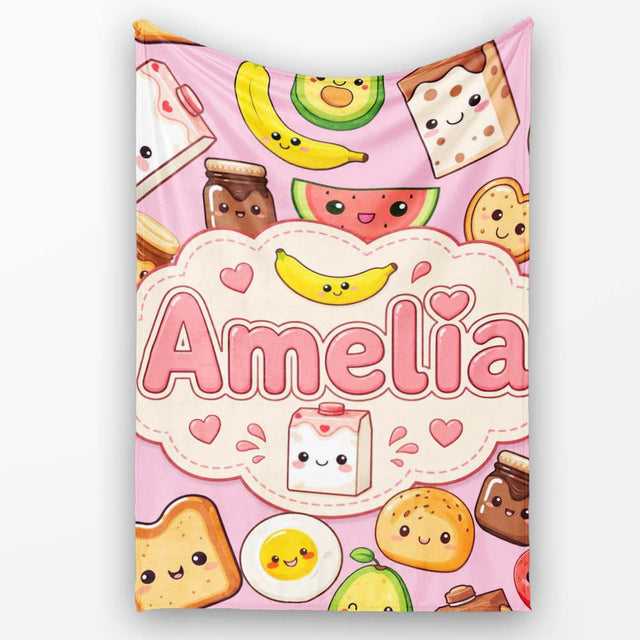 Cute Kawaii Breakfast Food Characters on Soft Pink Background  Personalised Custom Name Super Soft Fleece Blanket Bed Sofa Throw