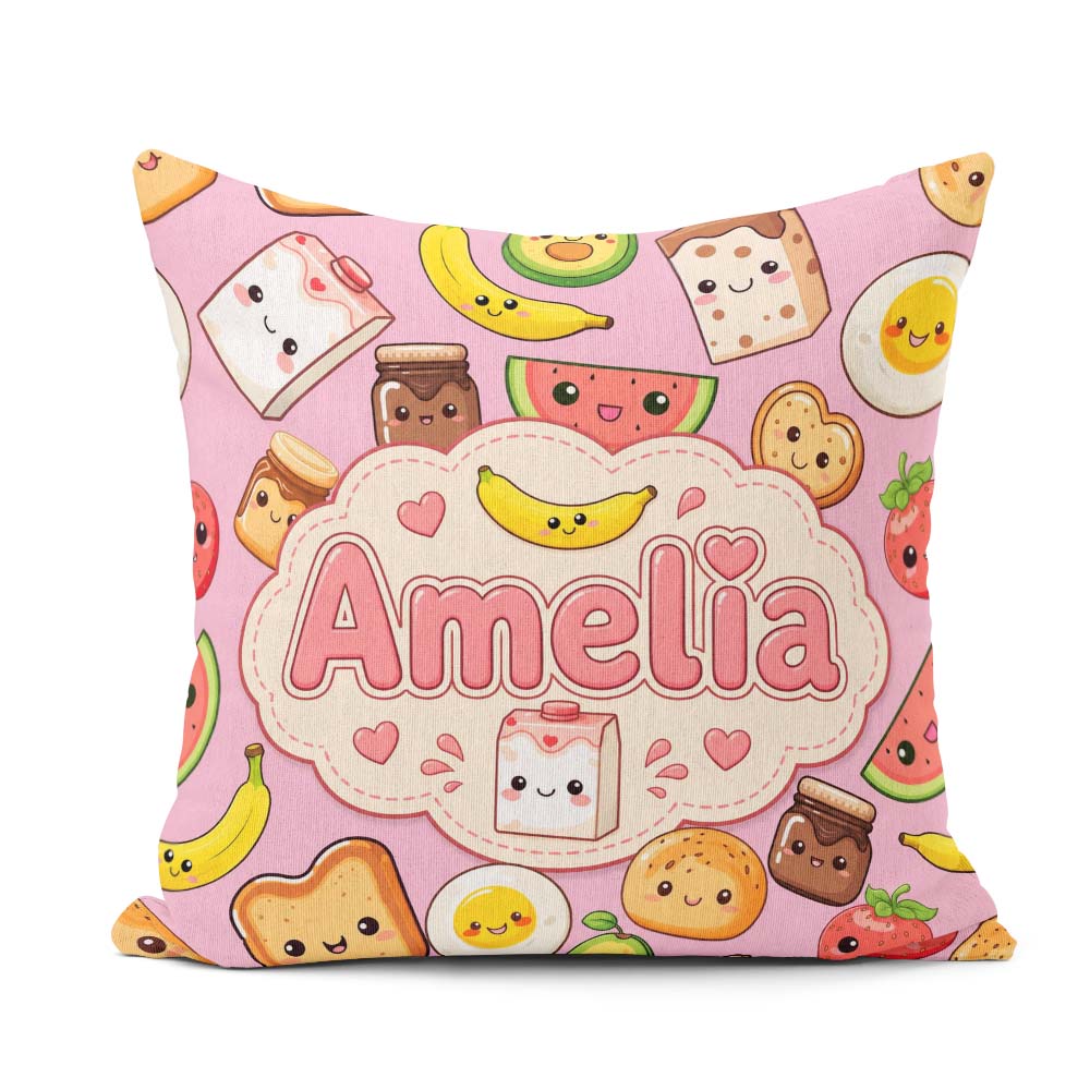 Custom Name Cute Kawaii Food Characters on Soft Pink Background Square Filled Cushion Throw Pillow Sofa Bed Home Decor Zip Washable UK Made