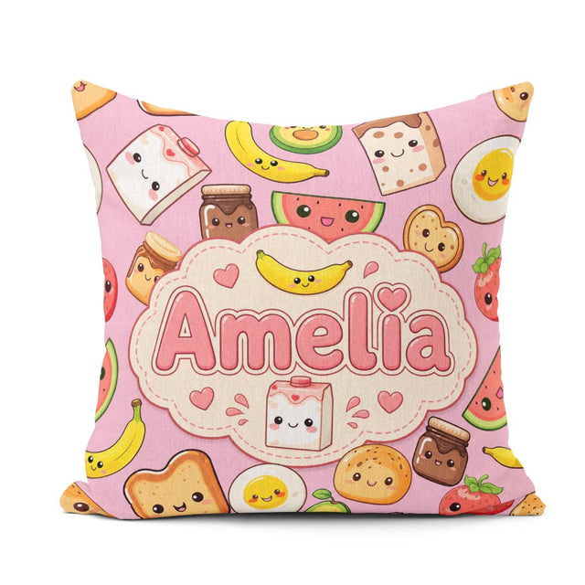 Custom Name Cute Kawaii Food Characters on Soft Pink Background Square Filled Cushion Throw Pillow Sofa Bed Home Decor Zip Washable UK Made