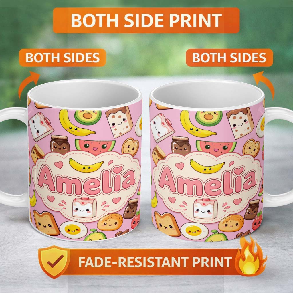 Personalized Custom Name Cute Kawaii Breakfast Food Characters on Soft Pink Background 11oz Ceramic Coffee Tea Mug White Large Handle
