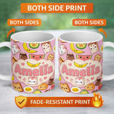 Personalized Custom Name Cute Kawaii Breakfast Food Characters on Soft Pink Background 11oz Ceramic Coffee Tea Mug White Large Handle