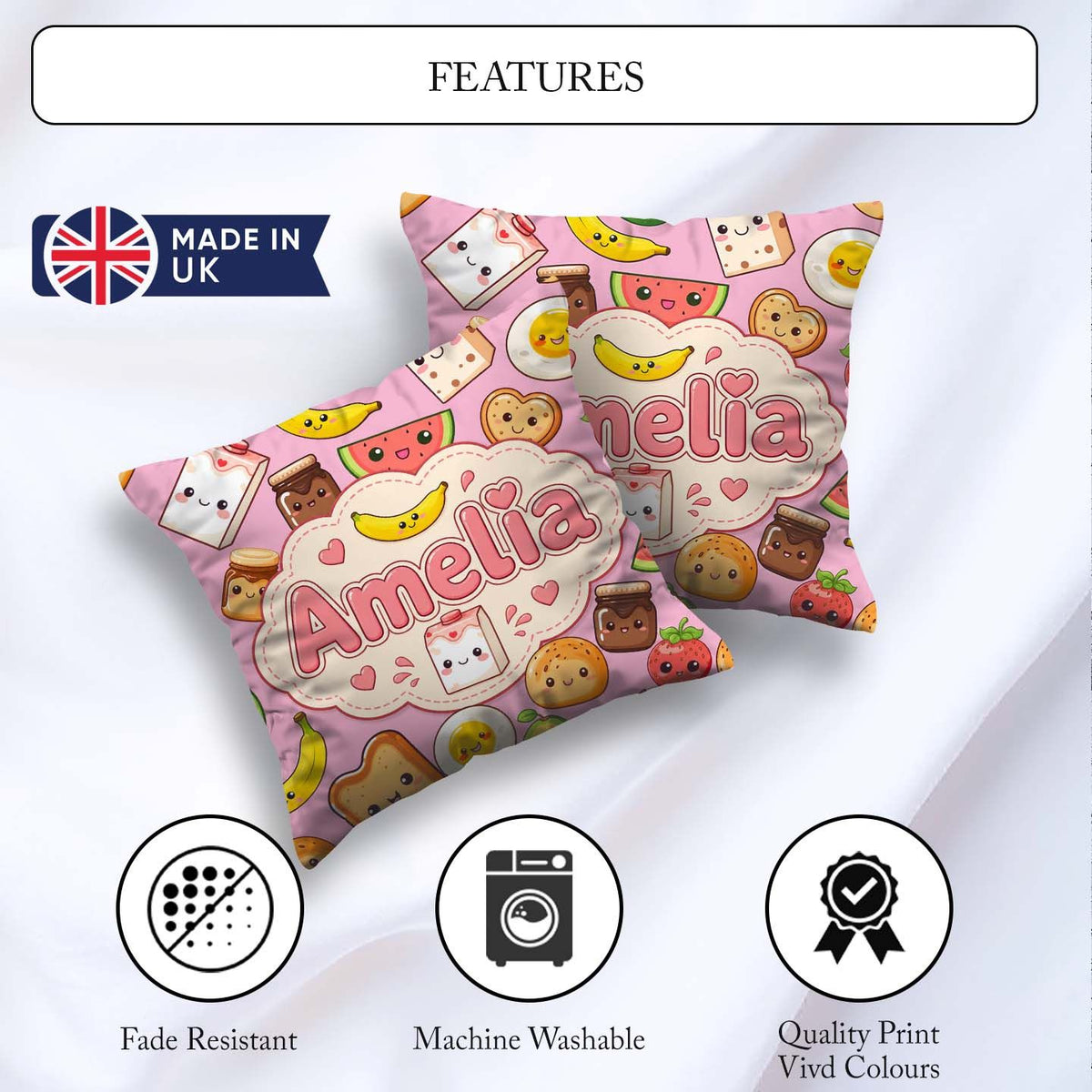 Custom Name Cute Kawaii Food Characters on Soft Pink Background Square Filled Cushion Throw Pillow Sofa Bed Home Decor Zip Washable UK Made