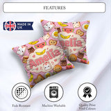 Custom Name Cute Kawaii Food Characters on Soft Pink Background Square Filled Cushion Throw Pillow Sofa Bed Home Decor Zip Washable UK Made