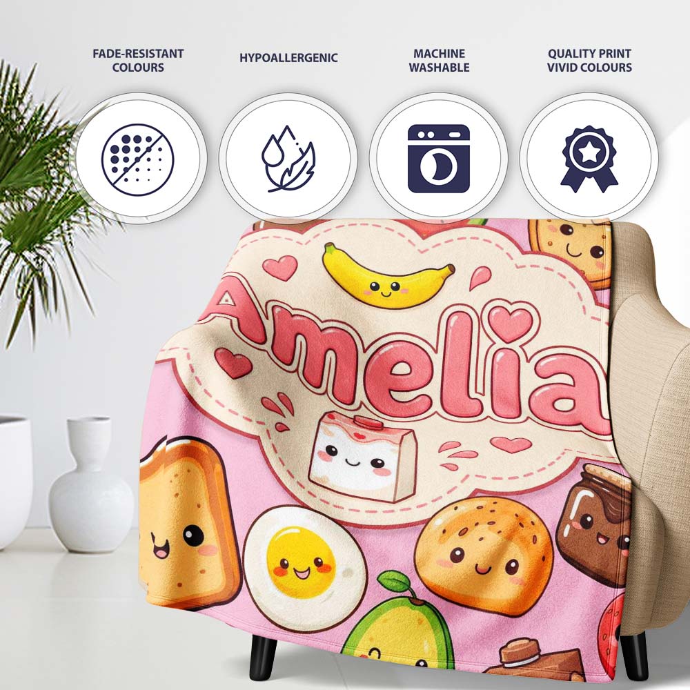 Cute Kawaii Breakfast Food Characters on Soft Pink Background  Personalised Custom Name Super Soft Fleece Blanket Bed Sofa Throw