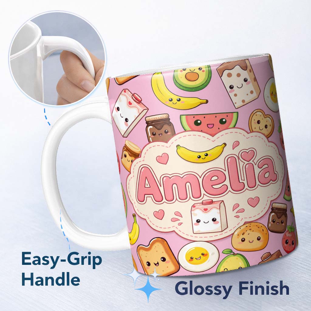 Personalized Custom Name Cute Kawaii Breakfast Food Characters on Soft Pink Background 11oz Ceramic Coffee Tea Mug White Large Handle
