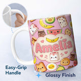 Personalized Custom Name Cute Kawaii Breakfast Food Characters on Soft Pink Background 11oz Ceramic Coffee Tea Mug White Large Handle