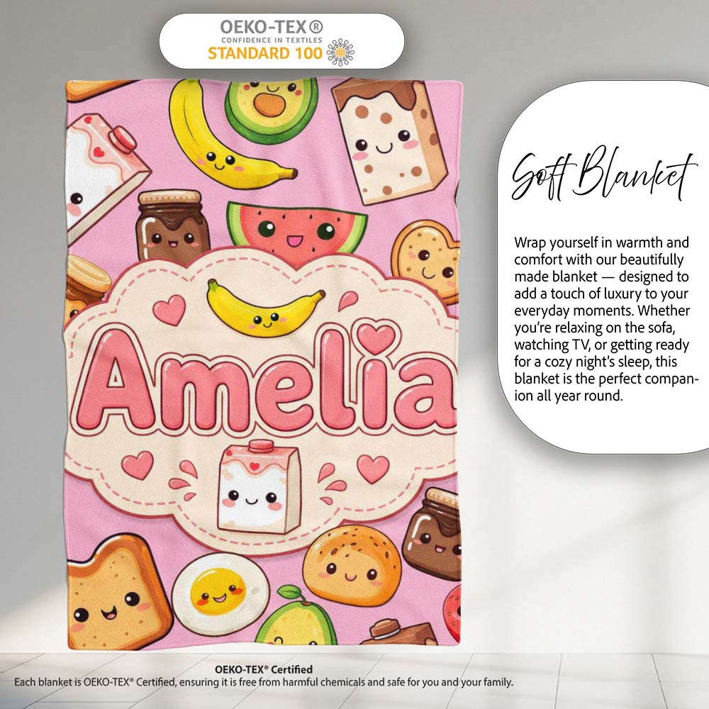 Cute Kawaii Breakfast Food Characters on Soft Pink Background  Personalised Custom Name Super Soft Fleece Blanket Bed Sofa Throw