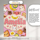 Cute Kawaii Breakfast Food Characters on Soft Pink Background  Personalised Custom Name Super Soft Fleece Blanket Bed Sofa Throw