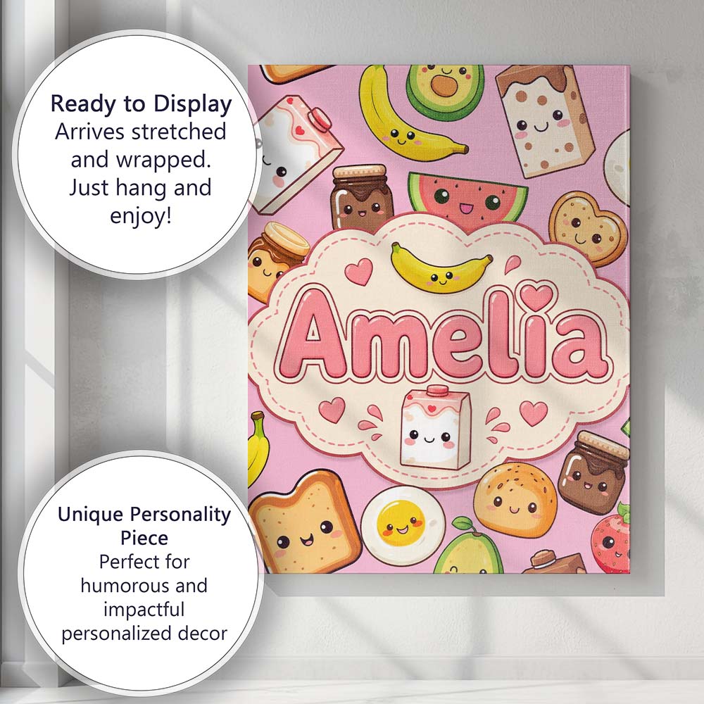 Personalised Name Cute Kawaii Breakfast Custom  Modern Room Accent Elegant Feature Canvas Wall Art Print Decor Picture Ready to Hang
