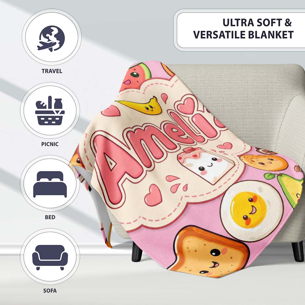 Cute Kawaii Breakfast Food Characters on Soft Pink Background  Personalised Custom Name Super Soft Fleece Blanket Bed Sofa Throw