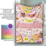 Cute Kawaii Breakfast Food Characters on Soft Pink Background  Personalised Custom Name Super Soft Fleece Blanket Bed Sofa Throw