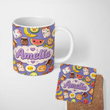 Personalized Custom Name Cute Kawaii Breakfast Food Characters on Purple Background Seamless 11oz Ceramic Coffee Tea Mug White Large Handle