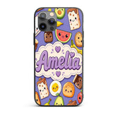Cute Kawaii Breakfast Food Characters on Purple Custom Name Protective Phone Case Mobile Cover Durable Everyday Smartphone Shock Resistant
