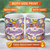 Personalized Custom Name Cute Kawaii Breakfast Food Characters on Purple Background Seamless 11oz Ceramic Coffee Tea Mug White Large Handle