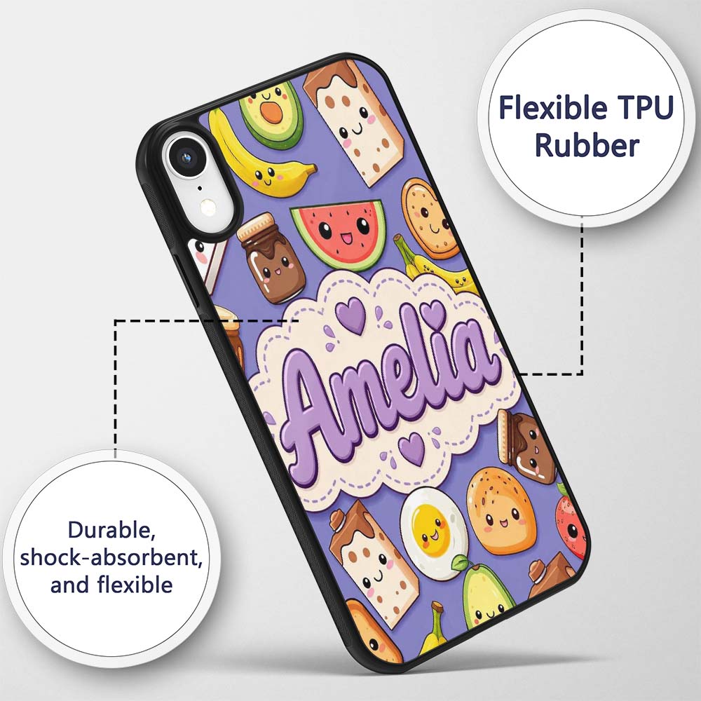 Cute Kawaii Breakfast Food Characters on Purple Custom Name Protective Phone Case Mobile Cover Durable Everyday Smartphone Shock Resistant