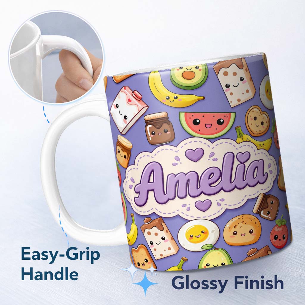 Personalized Custom Name Cute Kawaii Breakfast Food Characters on Purple Background Seamless 11oz Ceramic Coffee Tea Mug White Large Handle