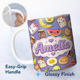 Personalized Custom Name Cute Kawaii Breakfast Food Characters on Purple Background Seamless 11oz Ceramic Coffee Tea Mug White Large Handle