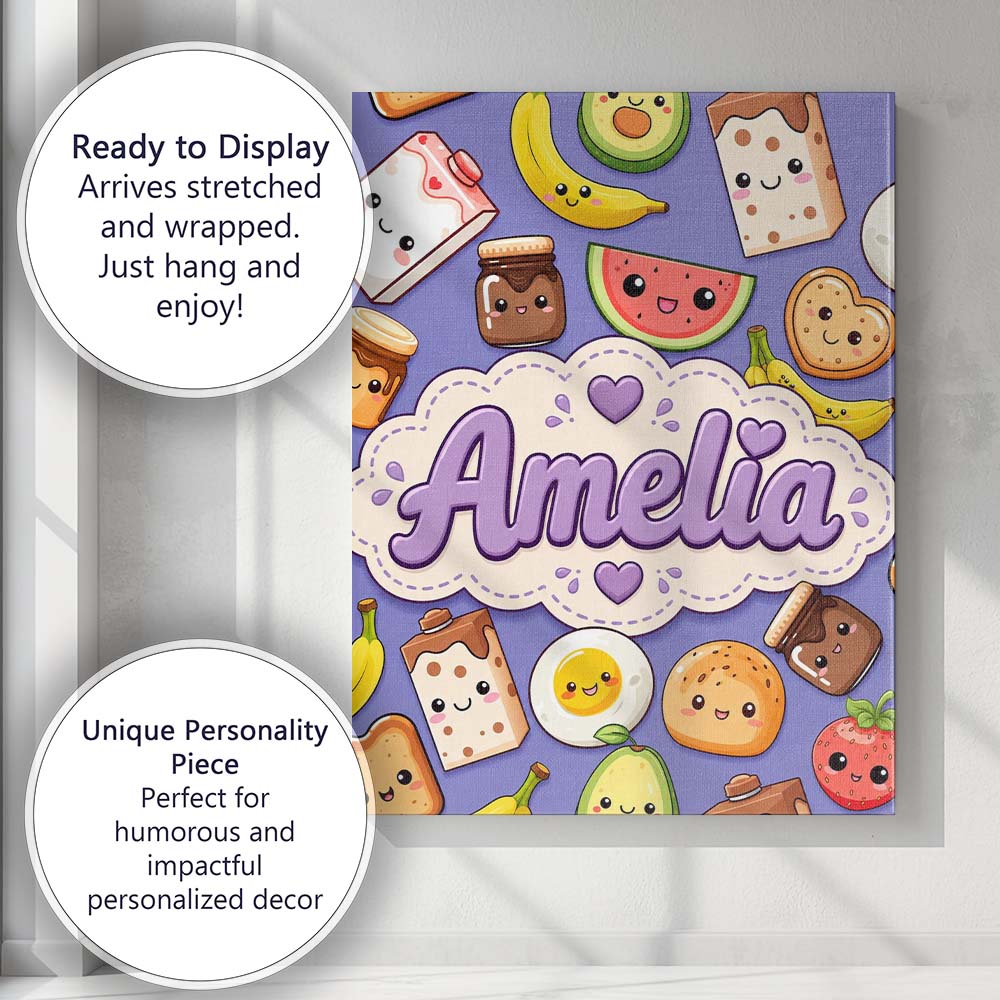 Personalised Name Cute Kawaii Breakfast Custom  Modern Room Accent Elegant Feature Canvas Wall Art Print Decor Picture Ready to Hang