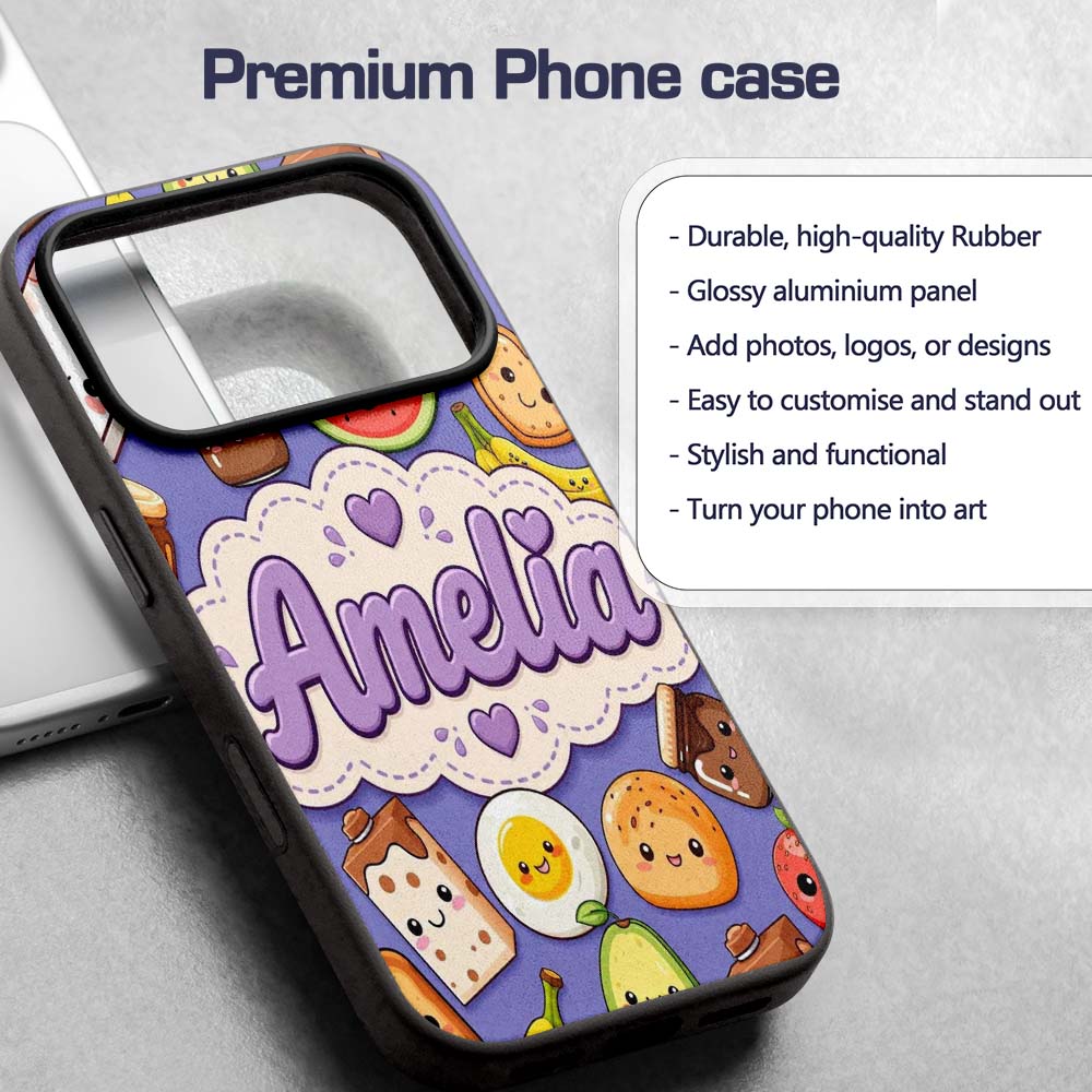 Cute Kawaii Breakfast Food Characters on Purple Custom Name Protective Phone Case Mobile Cover Durable Everyday Smartphone Shock Resistant