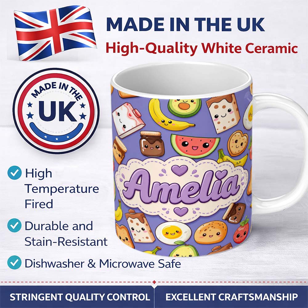 Personalized Custom Name Cute Kawaii Breakfast Food Characters on Purple Background Seamless 11oz Ceramic Coffee Tea Mug White Large Handle