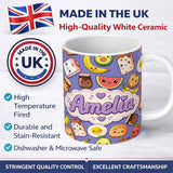 Personalized Custom Name Cute Kawaii Breakfast Food Characters on Purple Background Seamless 11oz Ceramic Coffee Tea Mug White Large Handle