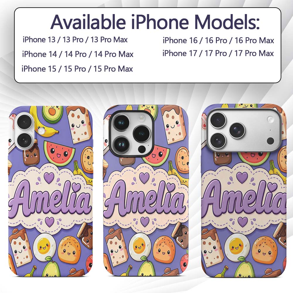 Cute Kawaii Breakfast Food Characters on Purple Custom Name Protective Phone Case Mobile Cover Durable Everyday Smartphone Shock Resistant