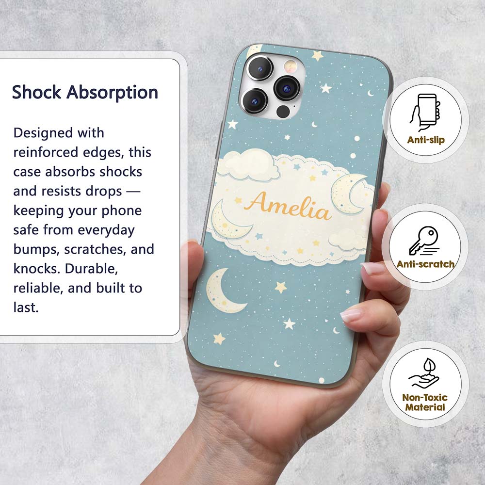 Light Blue Night Sky Moon Hanging Stars Cute Custom Name Protective Phone Case Mobile Cover Durable Everyday Smartphone Shock Resistant