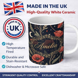 Personalized Custom Name Red Poppy Flowers Moon Stars Night Sky Seamless Pattern Lovely 11oz Ceramic Coffee Tea Mug White Large Handle