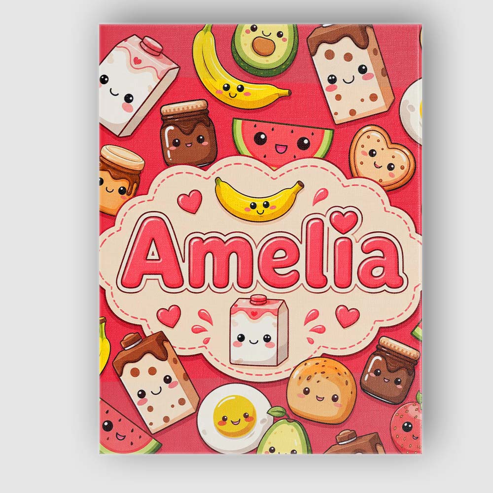 Personalised Name Cute Kawaii Breakfast Custom  Modern Room Accent Elegant Feature Canvas Wall Art Print Decor Picture Ready to Hang