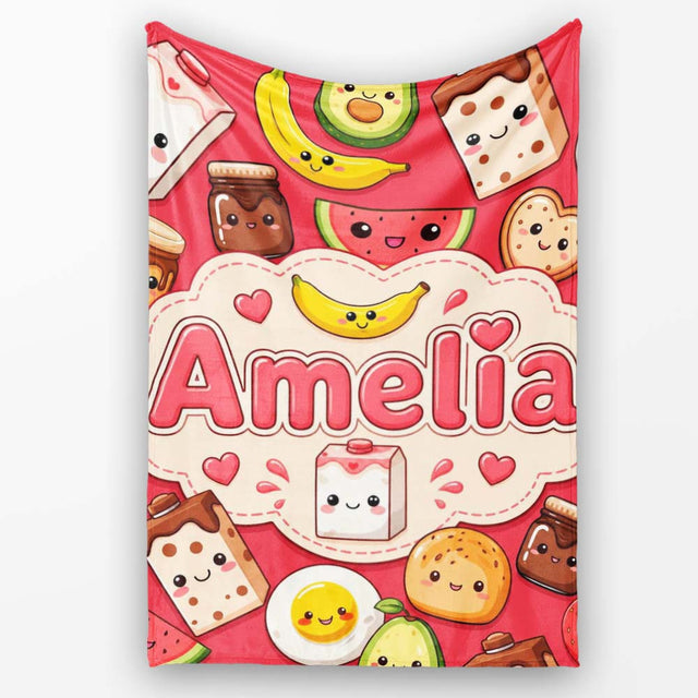 Cute Kawaii Breakfast Food Characters on Red Background Seamless  Personalised Custom Name Super Soft Fleece Blanket Bed Sofa Throw