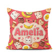 Custom Name Breakfast Food Characters on Red Background Seamless Square Filled Cushion Throw Pillow Sofa Bed Home Decor Zip Washable UK Made