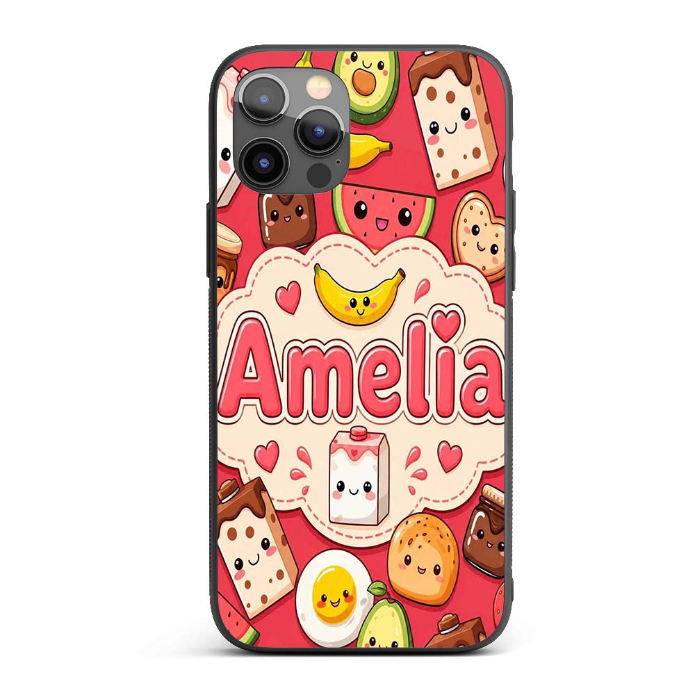 Cute Kawaii Breakfast Food Characters on Red Custom Name Protective Phone Case Mobile Cover Durable Everyday Smartphone Shock Resistant