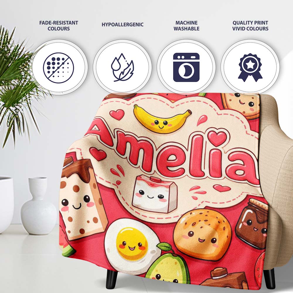 Cute Kawaii Breakfast Food Characters on Red Background Seamless  Personalised Custom Name Super Soft Fleece Blanket Bed Sofa Throw