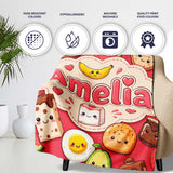 Cute Kawaii Breakfast Food Characters on Red Background Seamless  Personalised Custom Name Super Soft Fleece Blanket Bed Sofa Throw