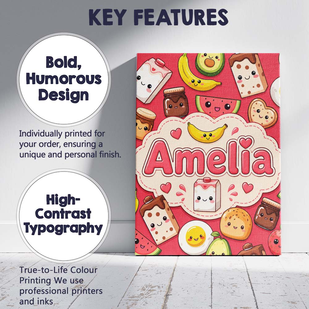 Personalised Name Cute Kawaii Breakfast Custom  Modern Room Accent Elegant Feature Canvas Wall Art Print Decor Picture Ready to Hang