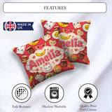 Custom Name Breakfast Food Characters on Red Background Seamless Square Filled Cushion Throw Pillow Sofa Bed Home Decor Zip Washable UK Made