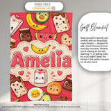 Cute Kawaii Breakfast Food Characters on Red Background Seamless  Personalised Custom Name Super Soft Fleece Blanket Bed Sofa Throw