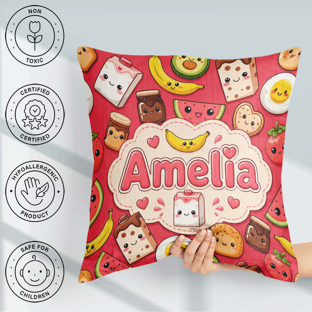 Custom Name Breakfast Food Characters on Red Background Seamless Square Filled Cushion Throw Pillow Sofa Bed Home Decor Zip Washable UK Made