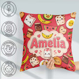 Custom Name Breakfast Food Characters on Red Background Seamless Square Filled Cushion Throw Pillow Sofa Bed Home Decor Zip Washable UK Made