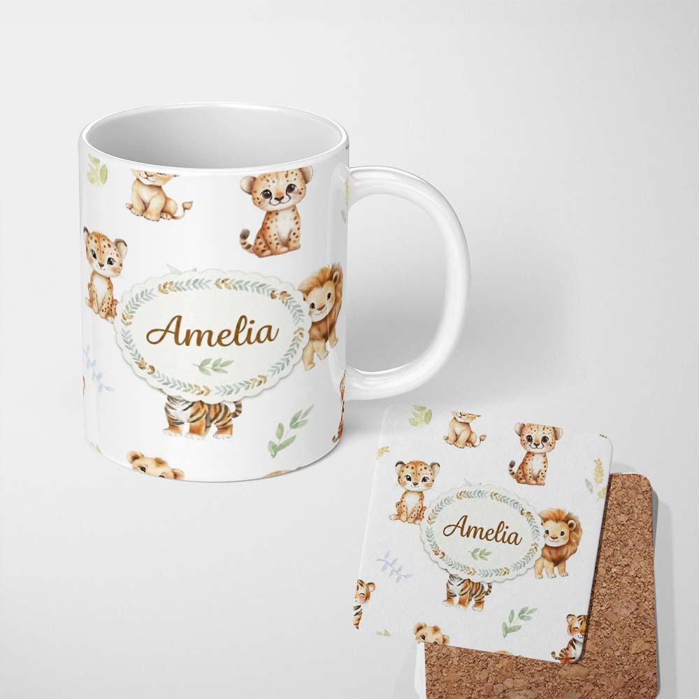 Personalized Custom Name Cute Baby Jungle Animals with Leaves on Soft Grey Background Lovely 11oz Ceramic Coffee Tea Mug White Large Handle