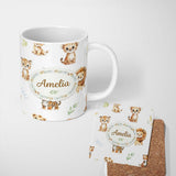 Personalized Custom Name Cute Baby Jungle Animals with Leaves on Soft Grey Background Lovely 11oz Ceramic Coffee Tea Mug White Large Handle