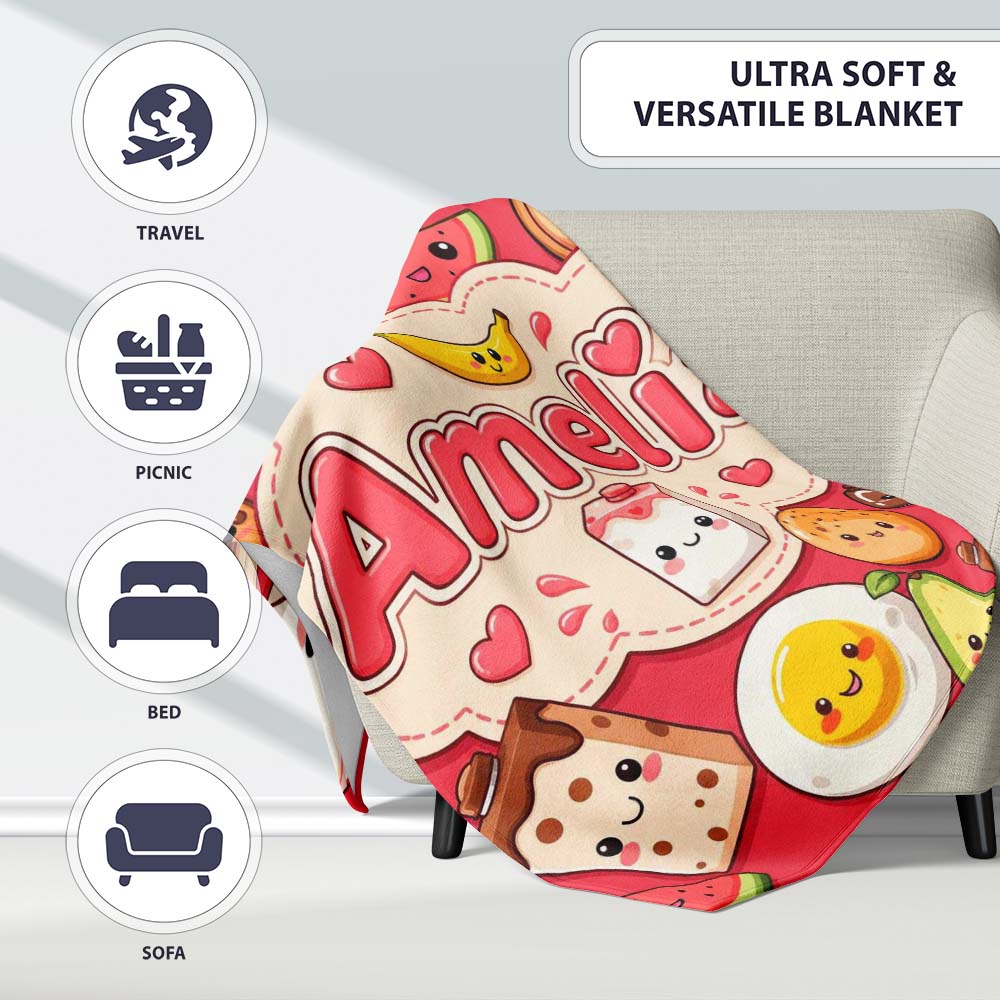 Cute Kawaii Breakfast Food Characters on Red Background Seamless  Personalised Custom Name Super Soft Fleece Blanket Bed Sofa Throw