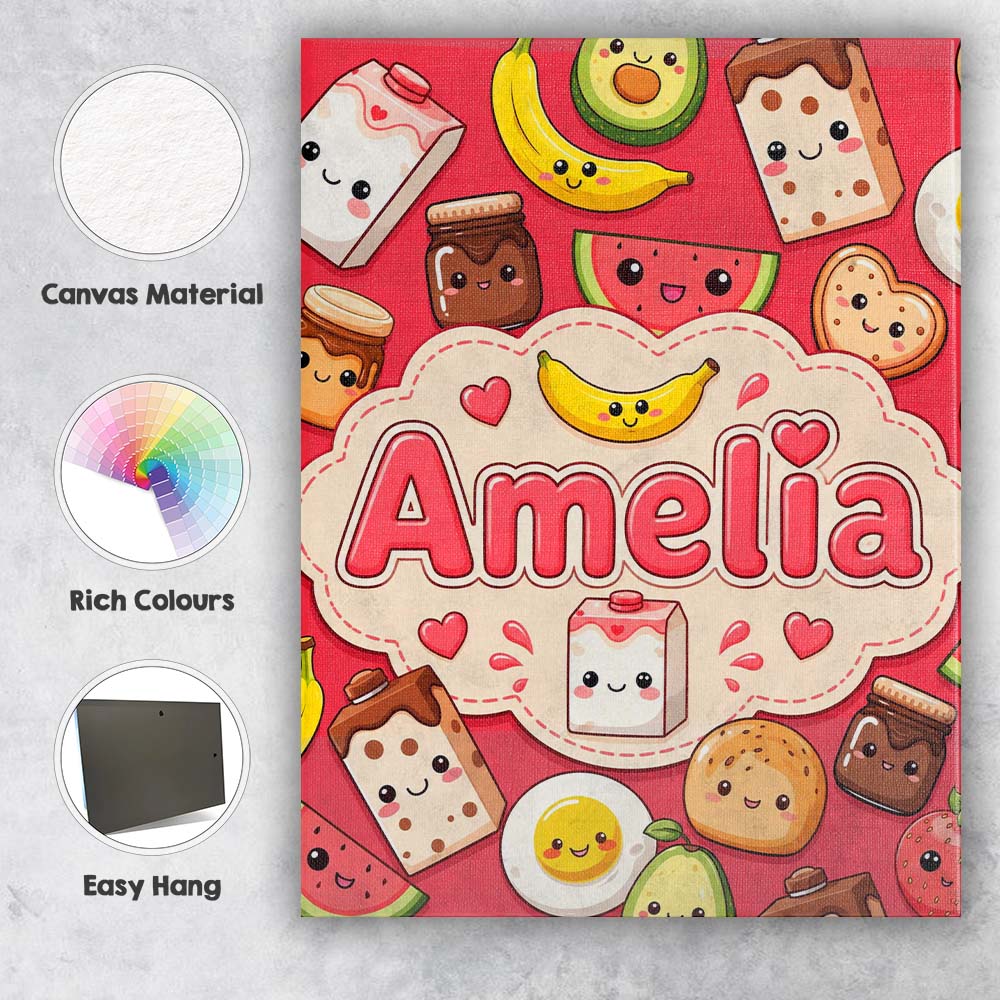 Personalised Name Cute Kawaii Breakfast Custom  Modern Room Accent Elegant Feature Canvas Wall Art Print Decor Picture Ready to Hang